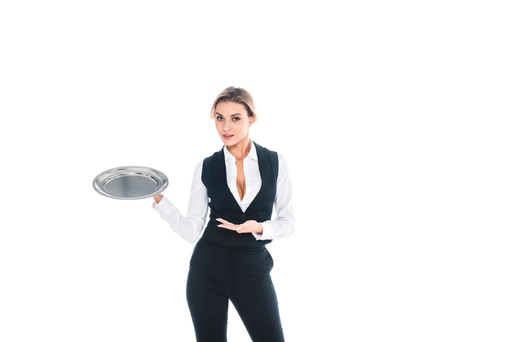 blonde waitress in black uniform standing with tray isolated on white